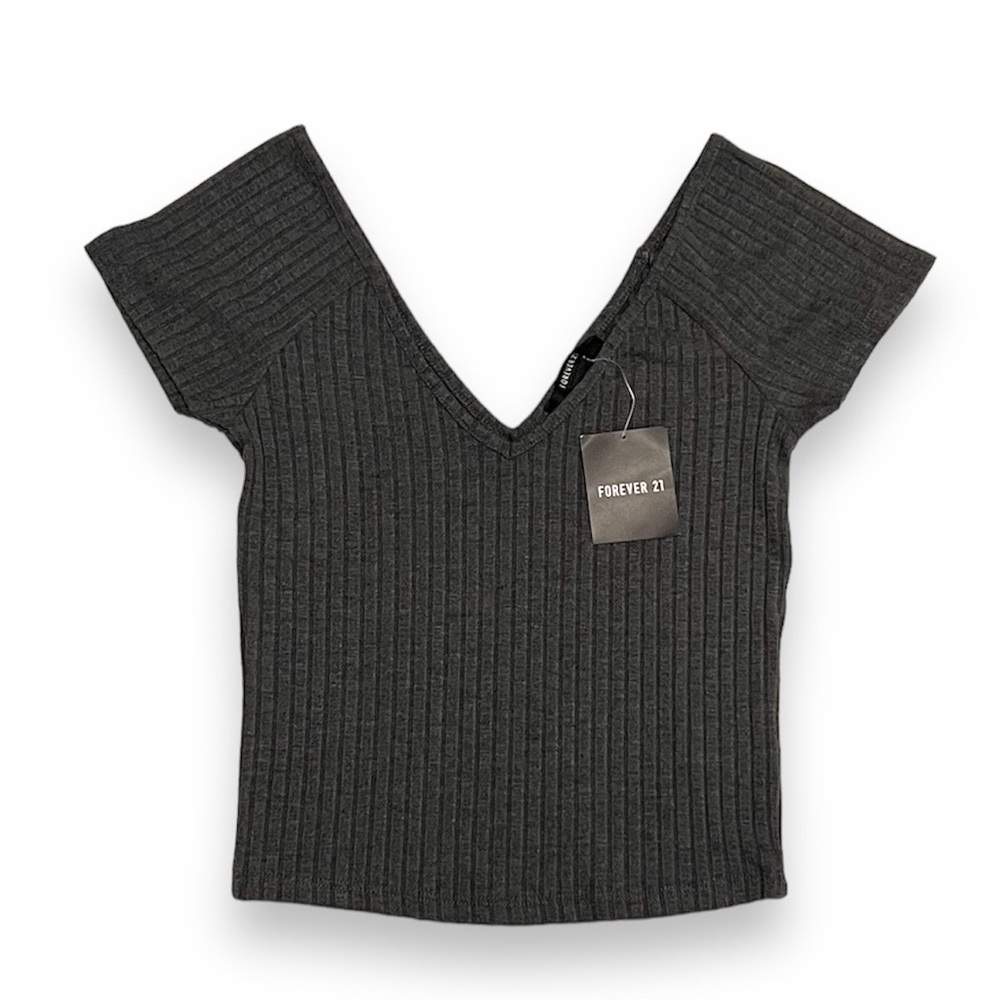 3/$30 Forever 21 Ribbed Double V-Neck Crop Top Tee Charcoal Gray S/Small T-Shirt